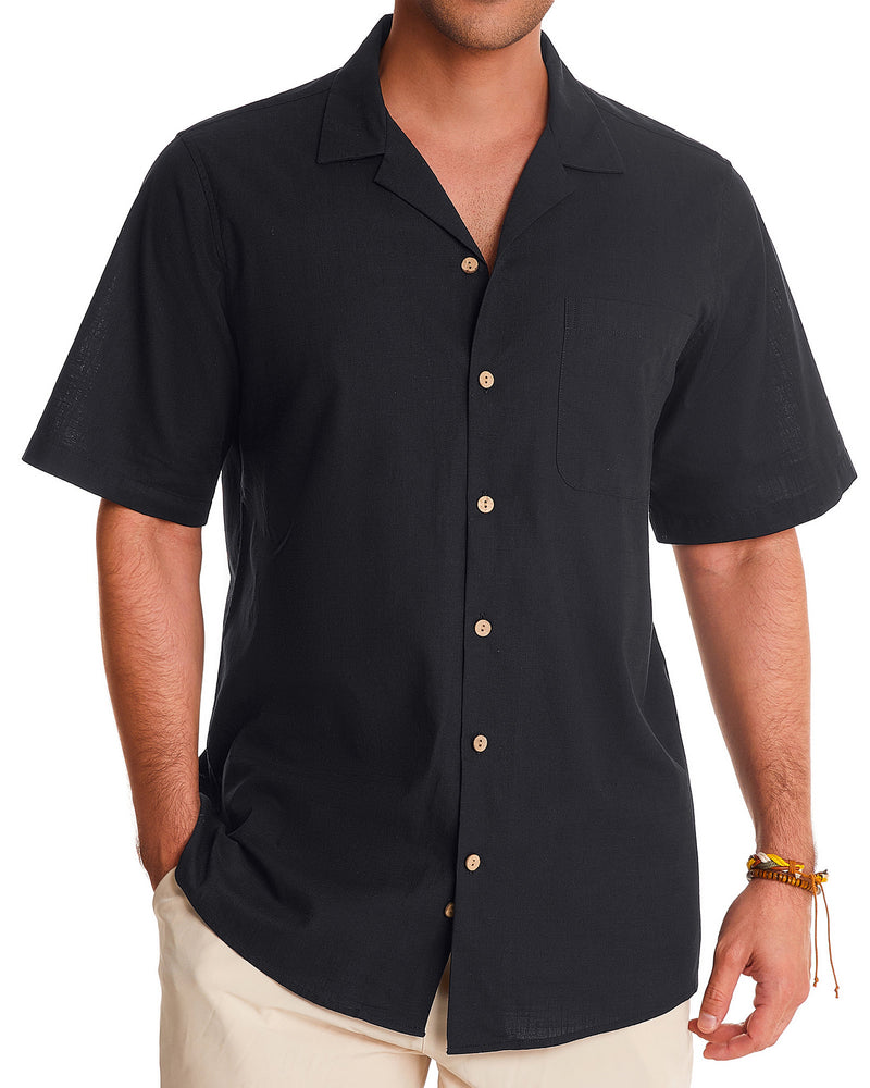 Men's Cotton Linen Shirts Short Sleeve Button Down Shirts Summer Beach Hawaiian Shirt