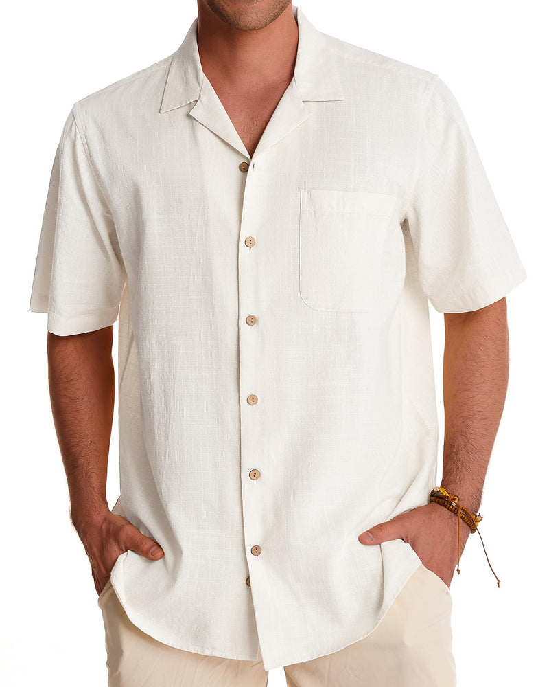Men's Cotton Linen Shirts Short Sleeve Button Down Shirts Summer Beach Hawaiian Shirt