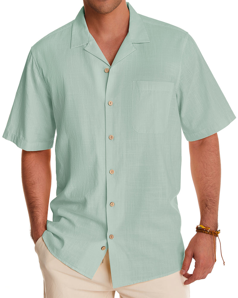 Men's Cotton Linen Shirts Short Sleeve Button Down Shirts Summer Beach Hawaiian Shirt