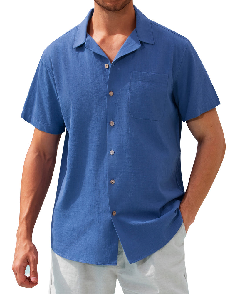 Men's Cotton Linen Shirts Short Sleeve Button Down Shirts Summer Beach Hawaiian Shirt